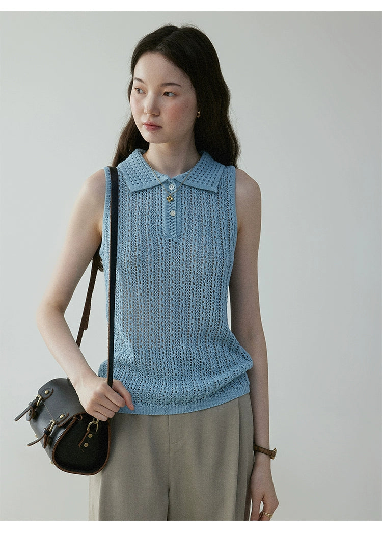 VOOE Temperament Lapel Hollow Knitted Vest