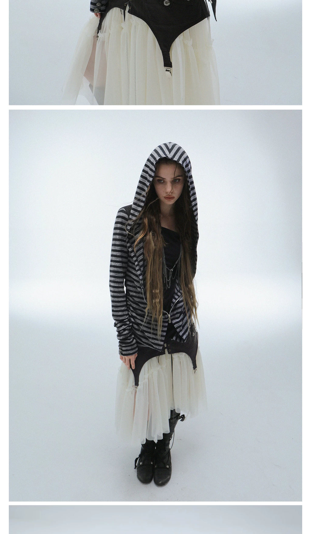 DoublePunch Fake Two-piece Splicing Striped Zipper Long Sleeve