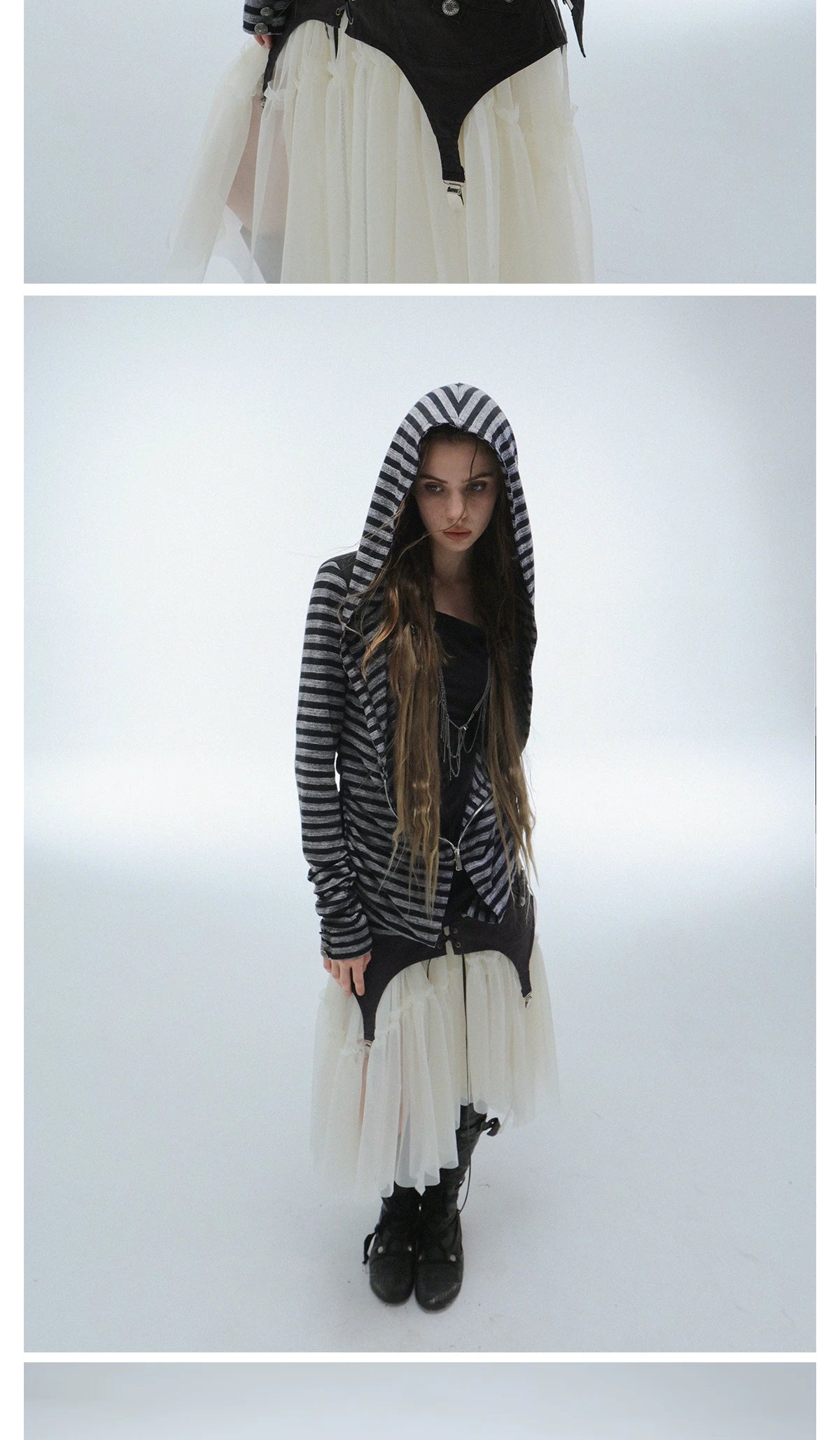 DoublePunch Fake Two-piece Splicing Striped Zipper Long Sleeve