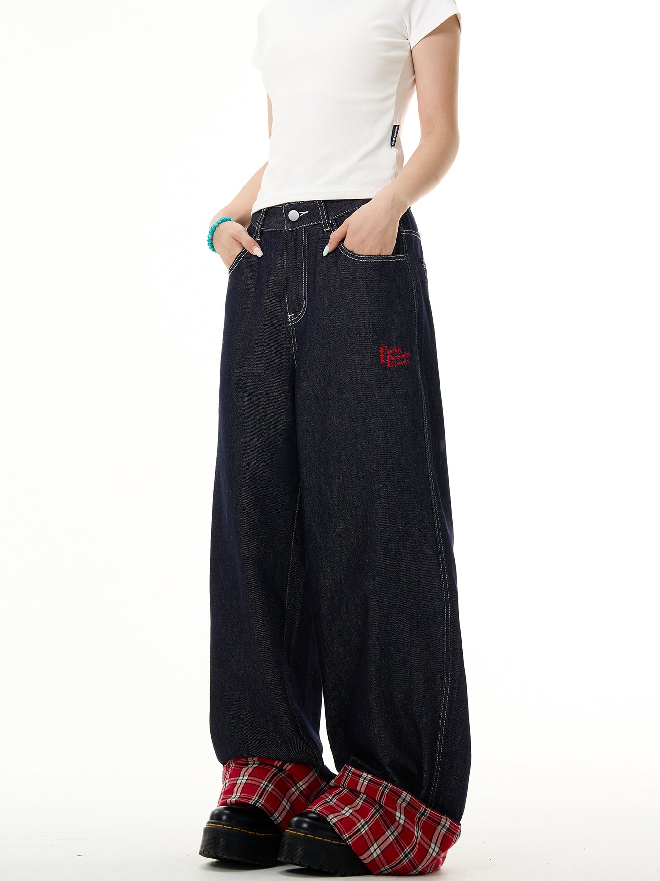 FLYOFF red plaid splicing curled jeans