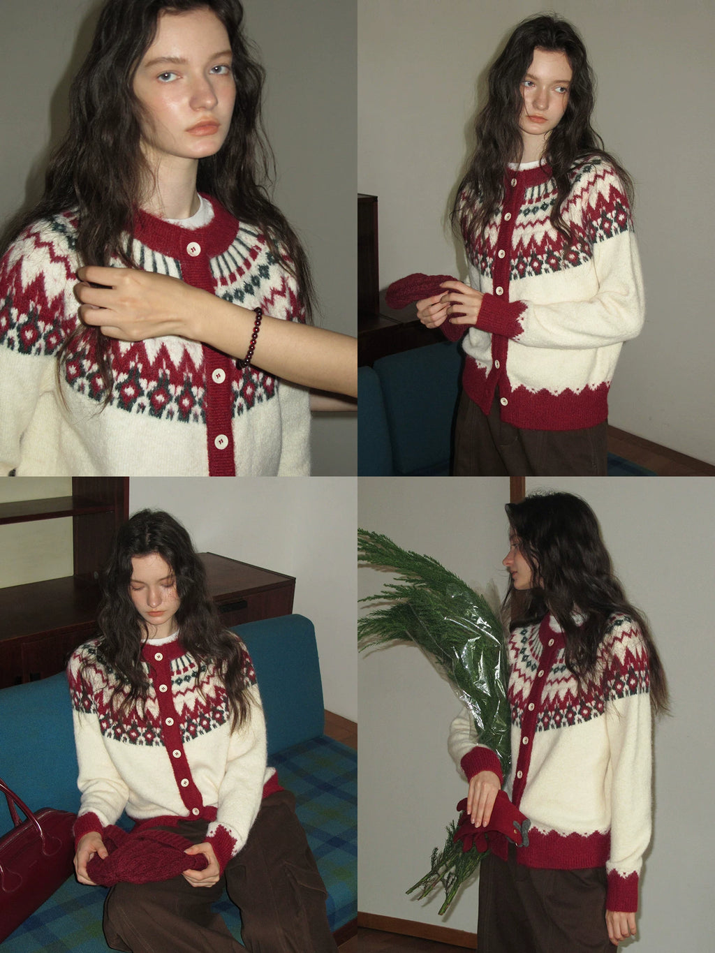 EGGKA Contrasting Color Crew Neck Loose Cardigan Sweater