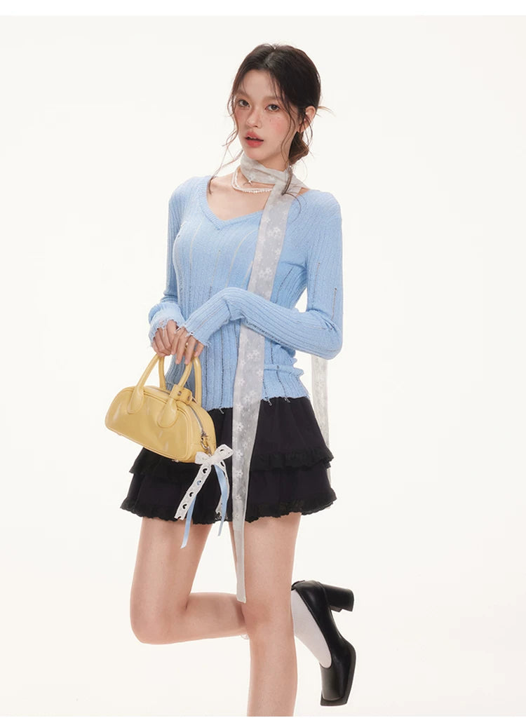 Imone Slightly Transparent Hole V Neck Waist Thin Long Sleeve