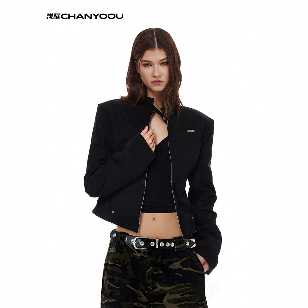 CHANYOOU Vintage Front Shoulder Skinny Stand-Up Jacket