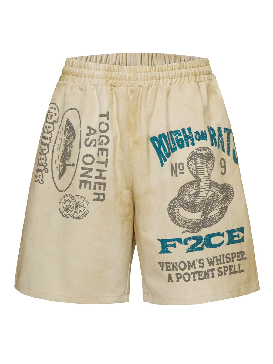 F2CE old loose silhouette mud-dyed printed shorts