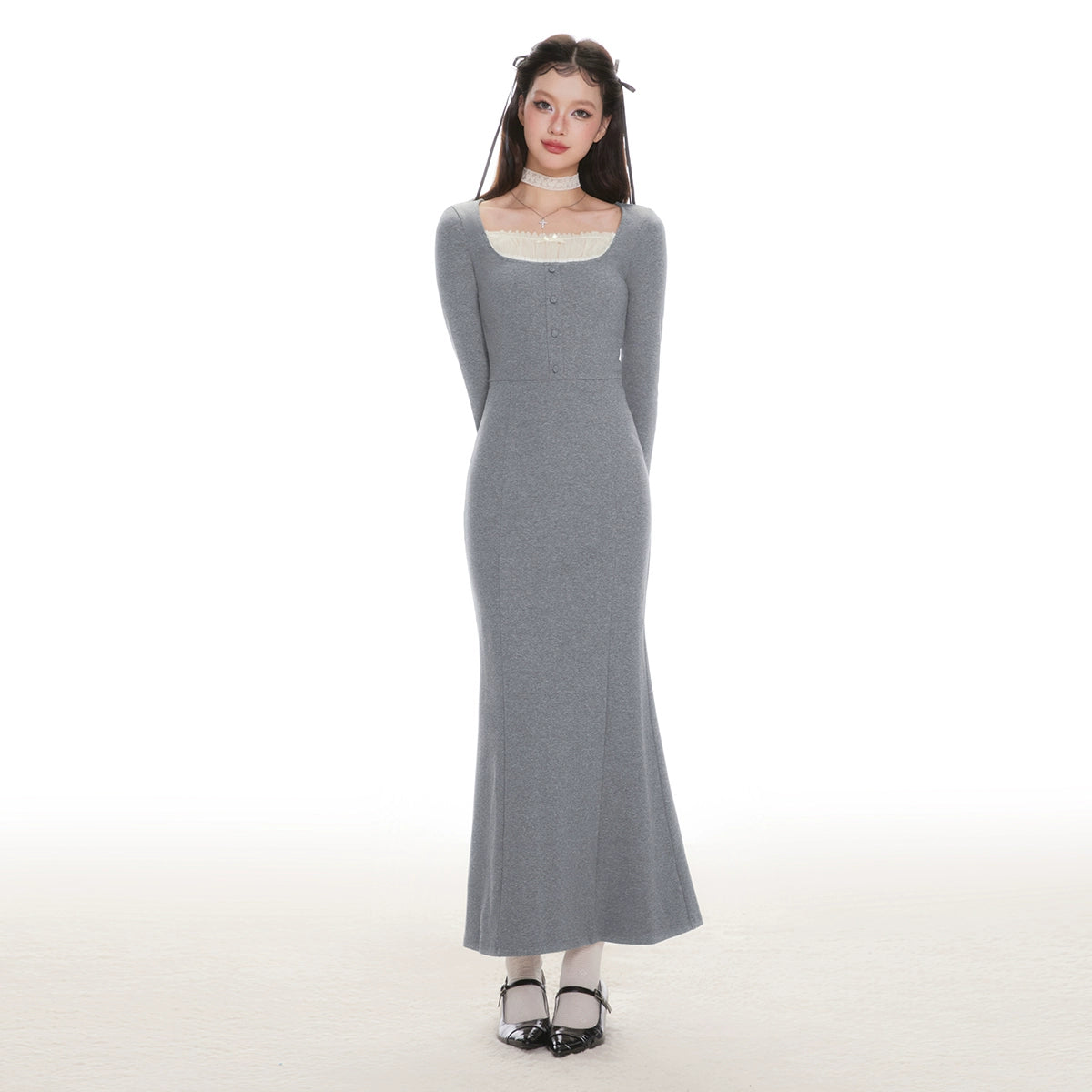 IMONE Vintage Lace Square Neck Knitted Dress