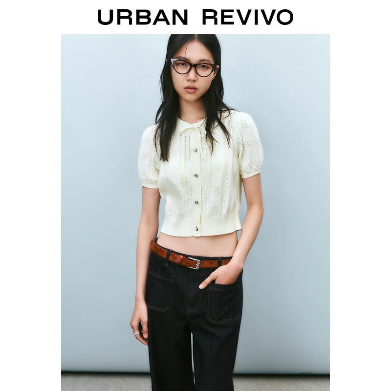 URBAN REVIVO Bow Texture Lace-up Short-sleeved Knitted Sweater
