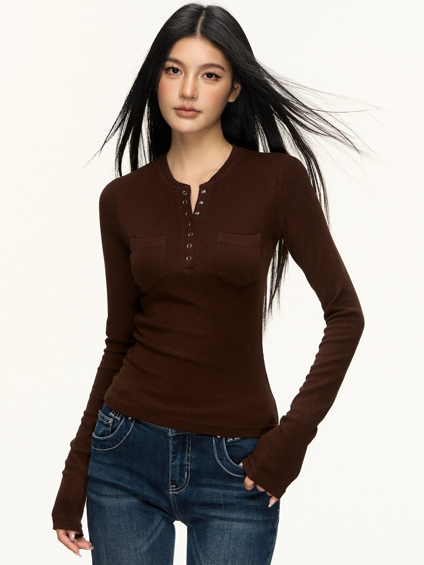 Anna Aneae Henry Collar Bottom Waist Front Shoulder Long Sleeves