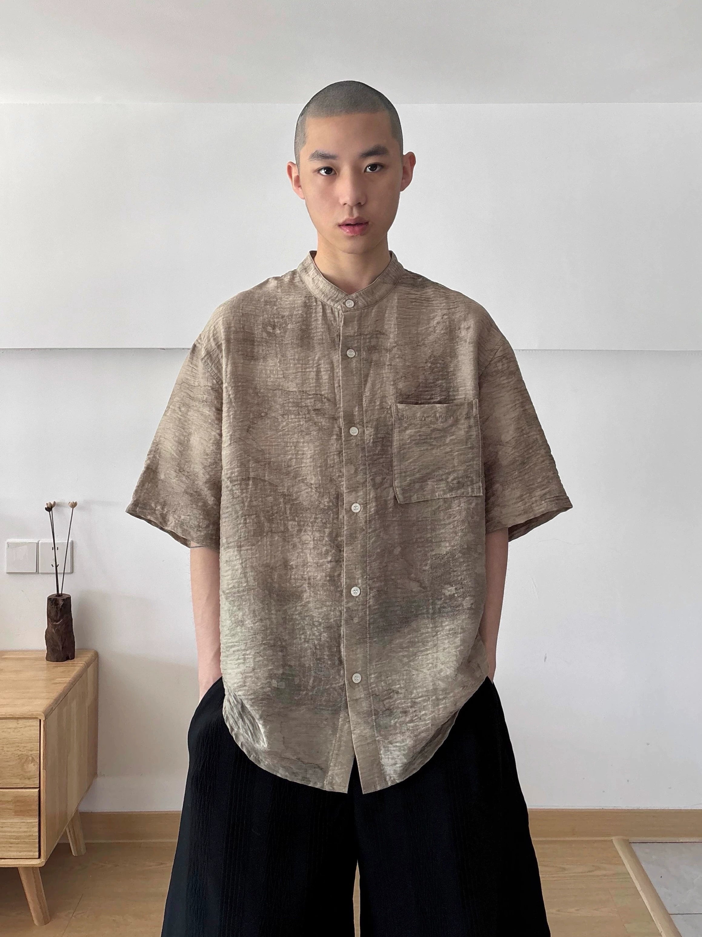 Imdelusion Tencel Retro Printing Tie-dye Gradual Change Pleated Stand-up Collar Shirt