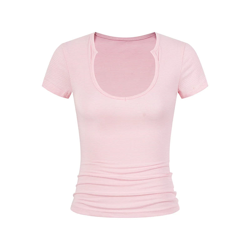 EAHO Striped U-neck Front Shoulder Slim and Thin Tee