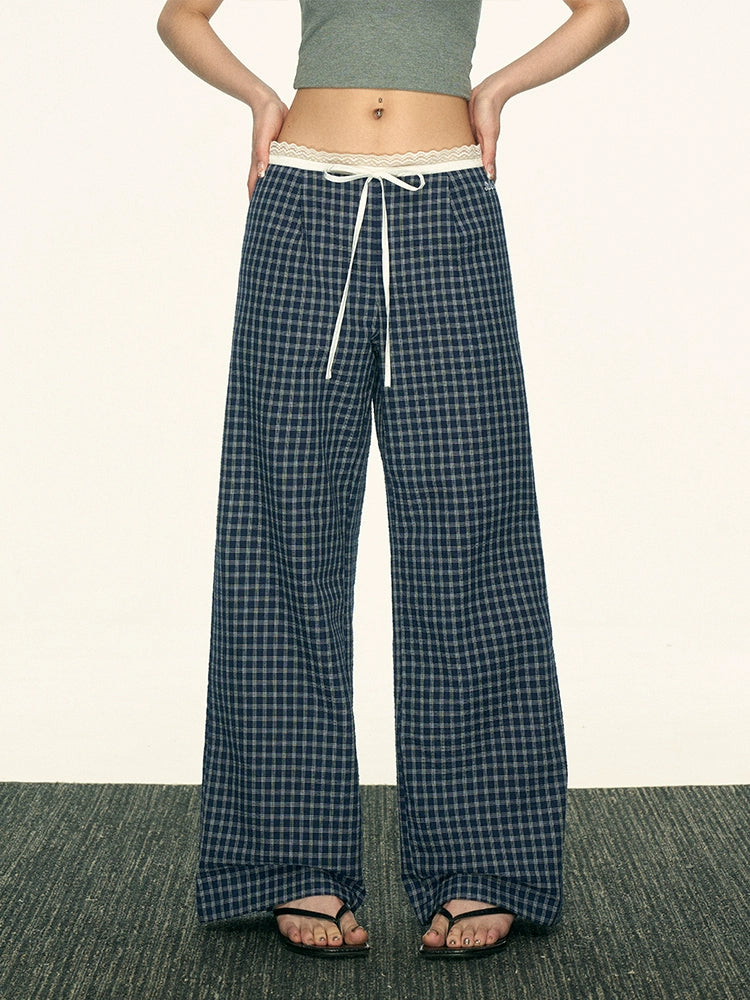 Aaisup Vintage Plaid Lace Spliced Bow Wide Leg Pants
