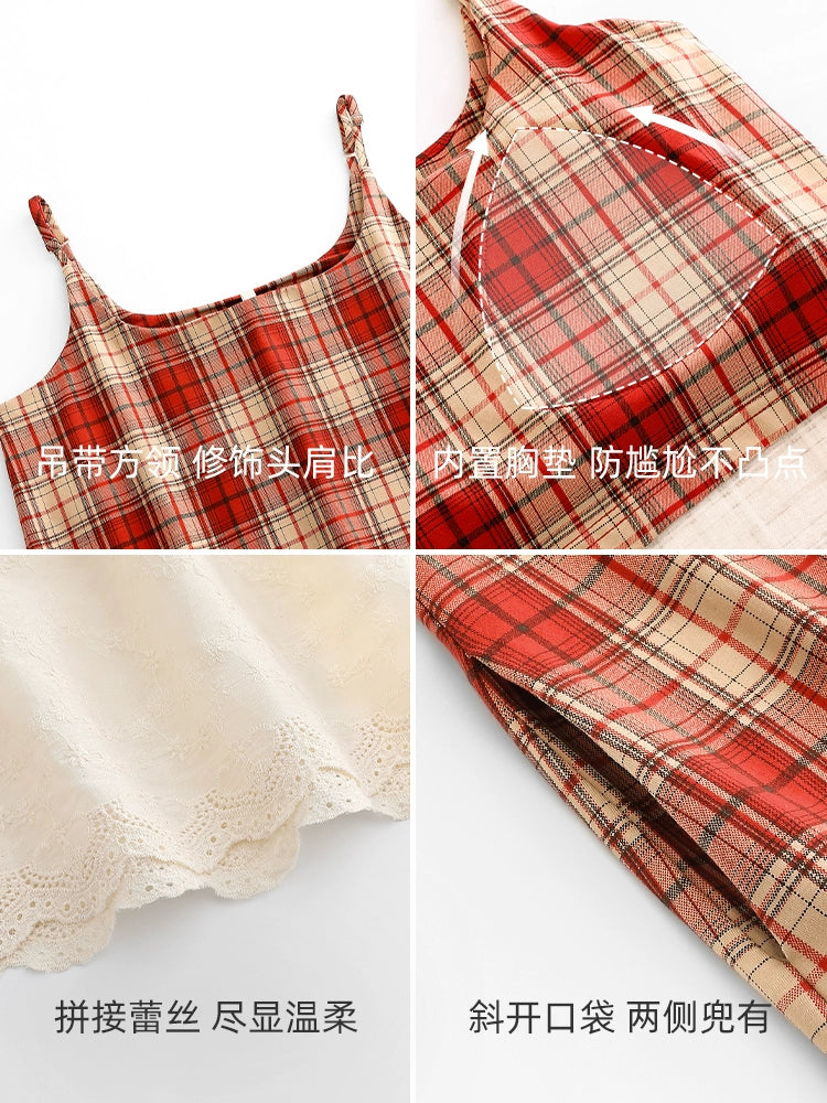 Yuenei Casual Plaid Nightdress with Chest Pad