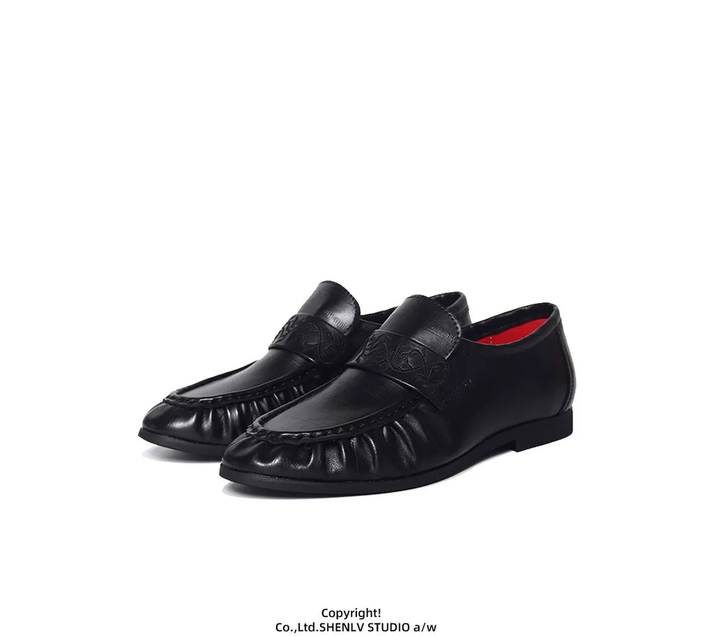 SHENLV STUDIO Pleated Niche Embroidered Casual Leather Shoes