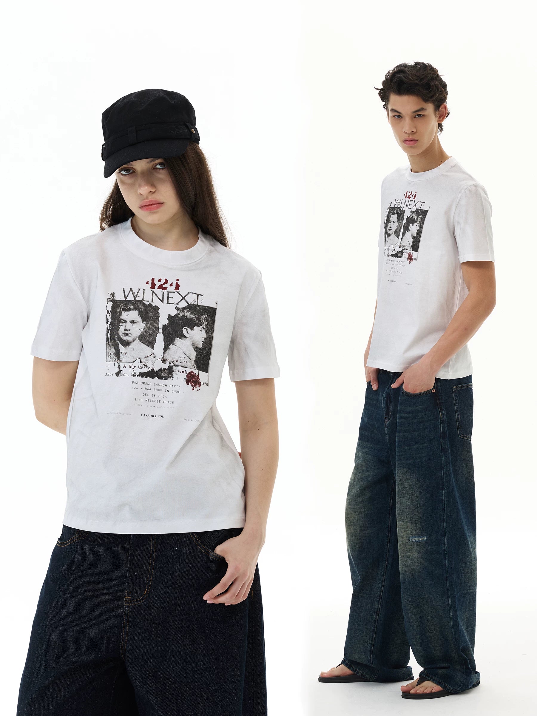 WLNEXT Retro Front Shoulder Doing Old Casual Tee