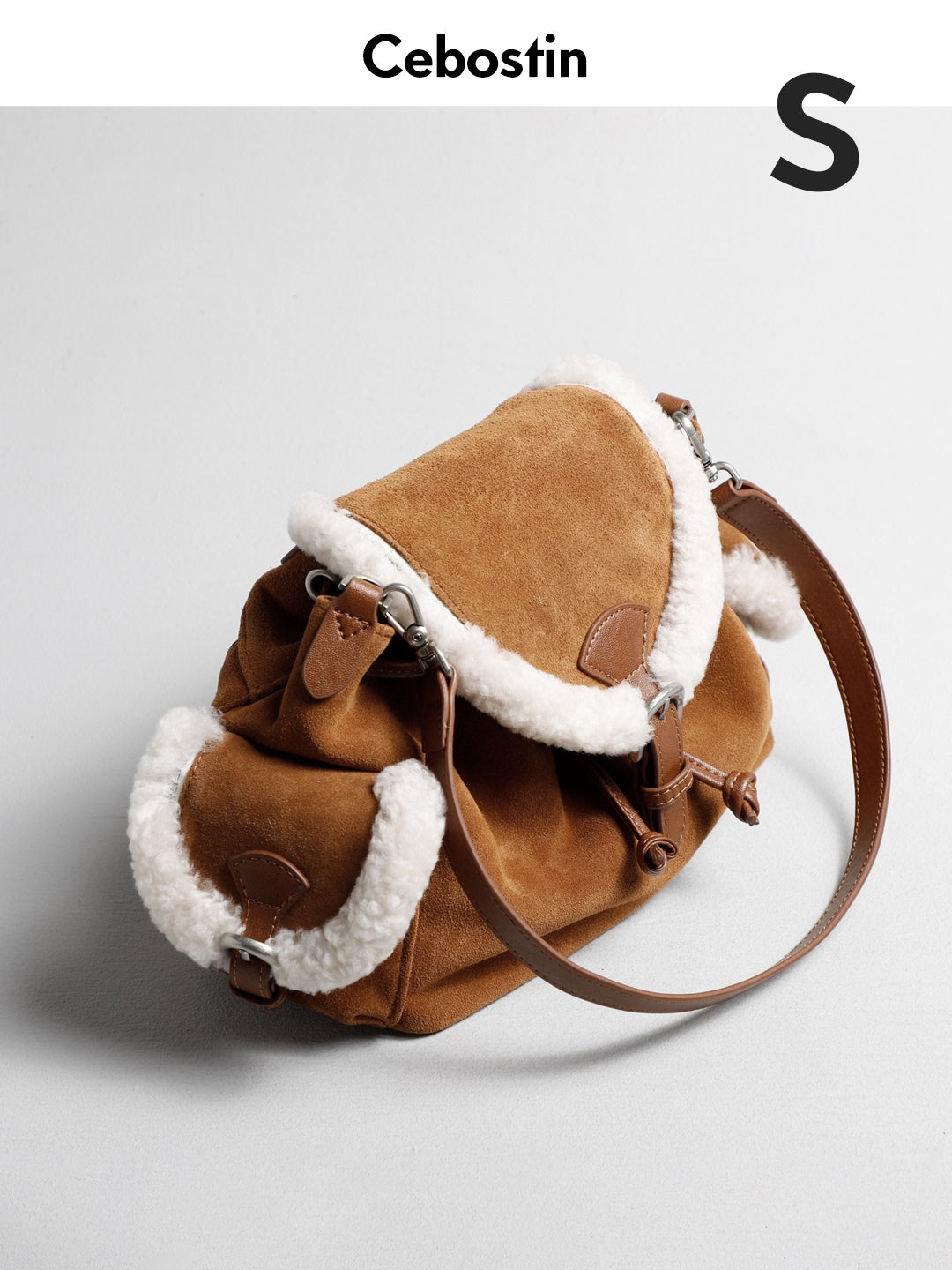 Cebostin Premium Matte Cowhide Splicing Lamb Wool Messenger Bag