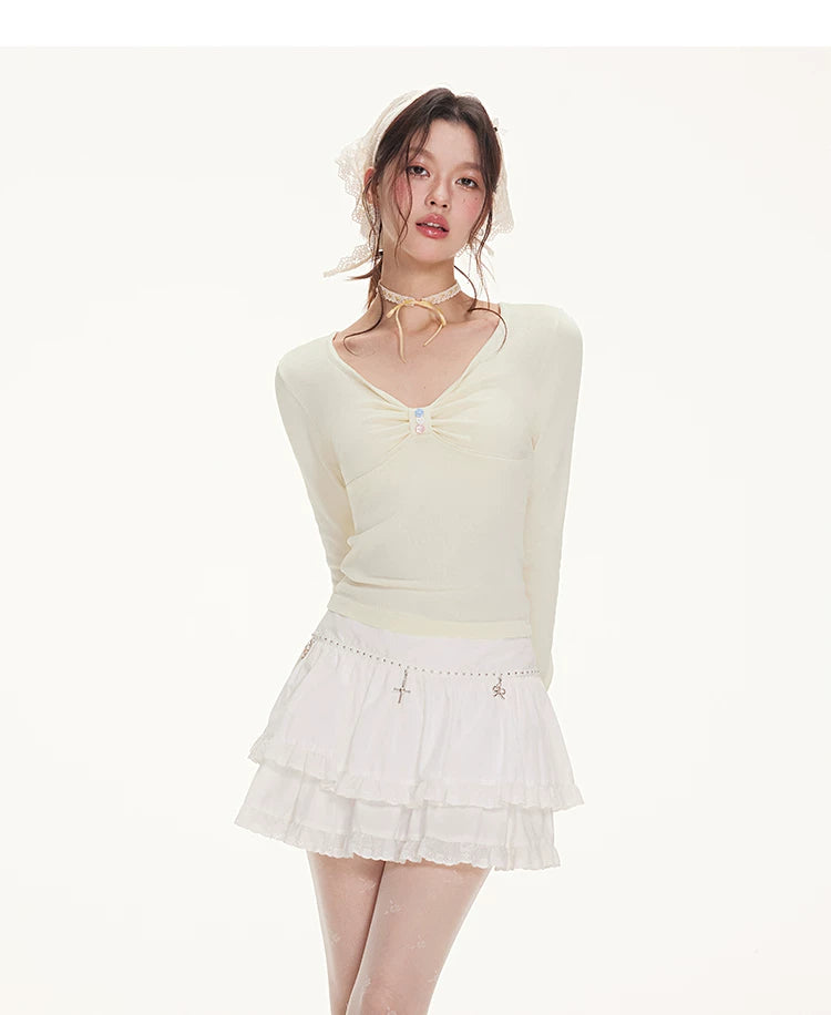 Imone Pleated V-neck Slim Slim Long Sleeves