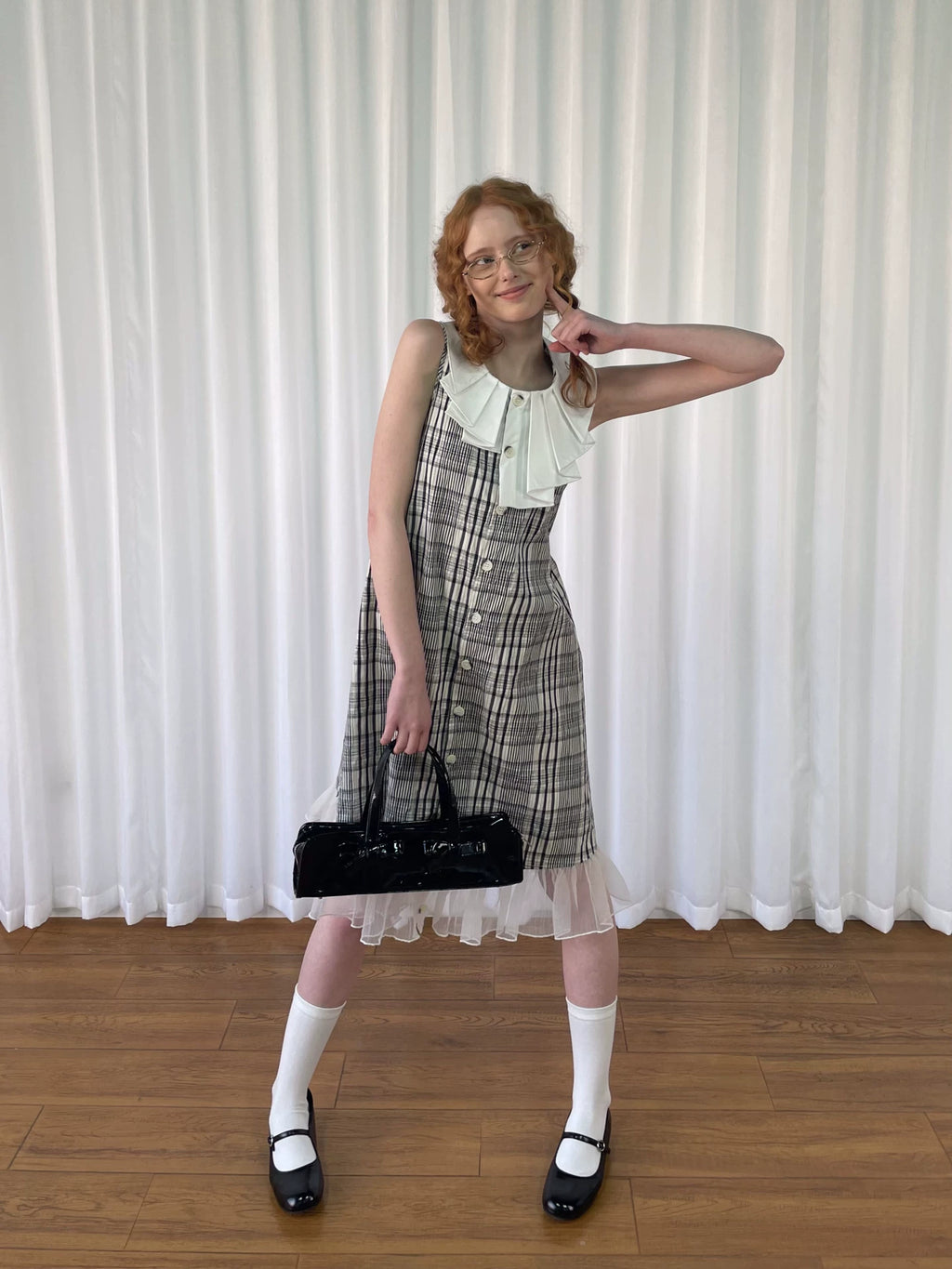 Loosesmell Pleated Neck Plaid Sleeveless Dress