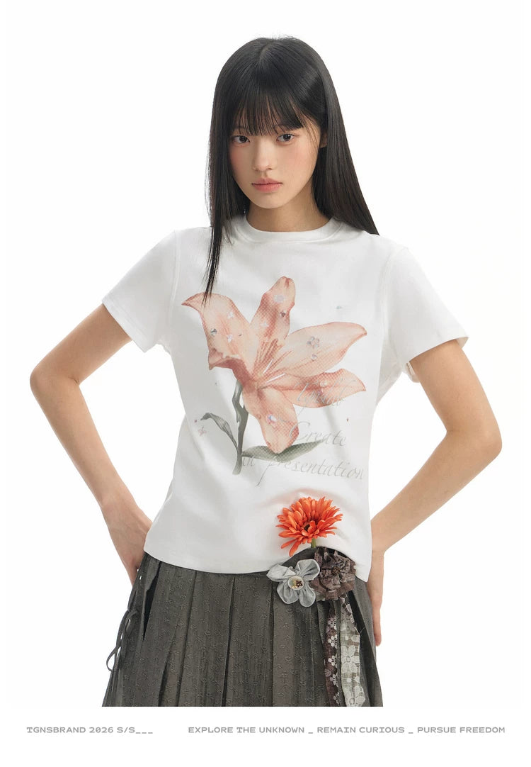 TGNS Lily Print Casual Slim Shoulder Tee