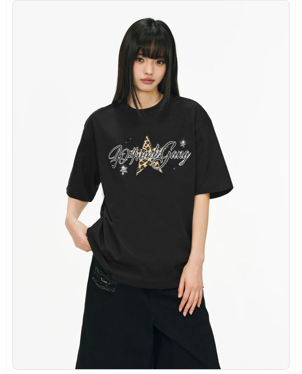 404MOB Leopard Print Star Hot Diamond Embroidery Tee