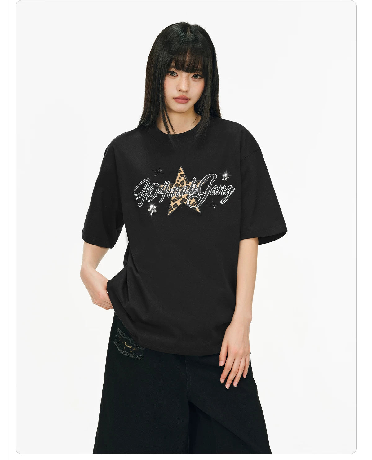 404MOB Leopard Print Star Hot Diamond Embroidery Tee
