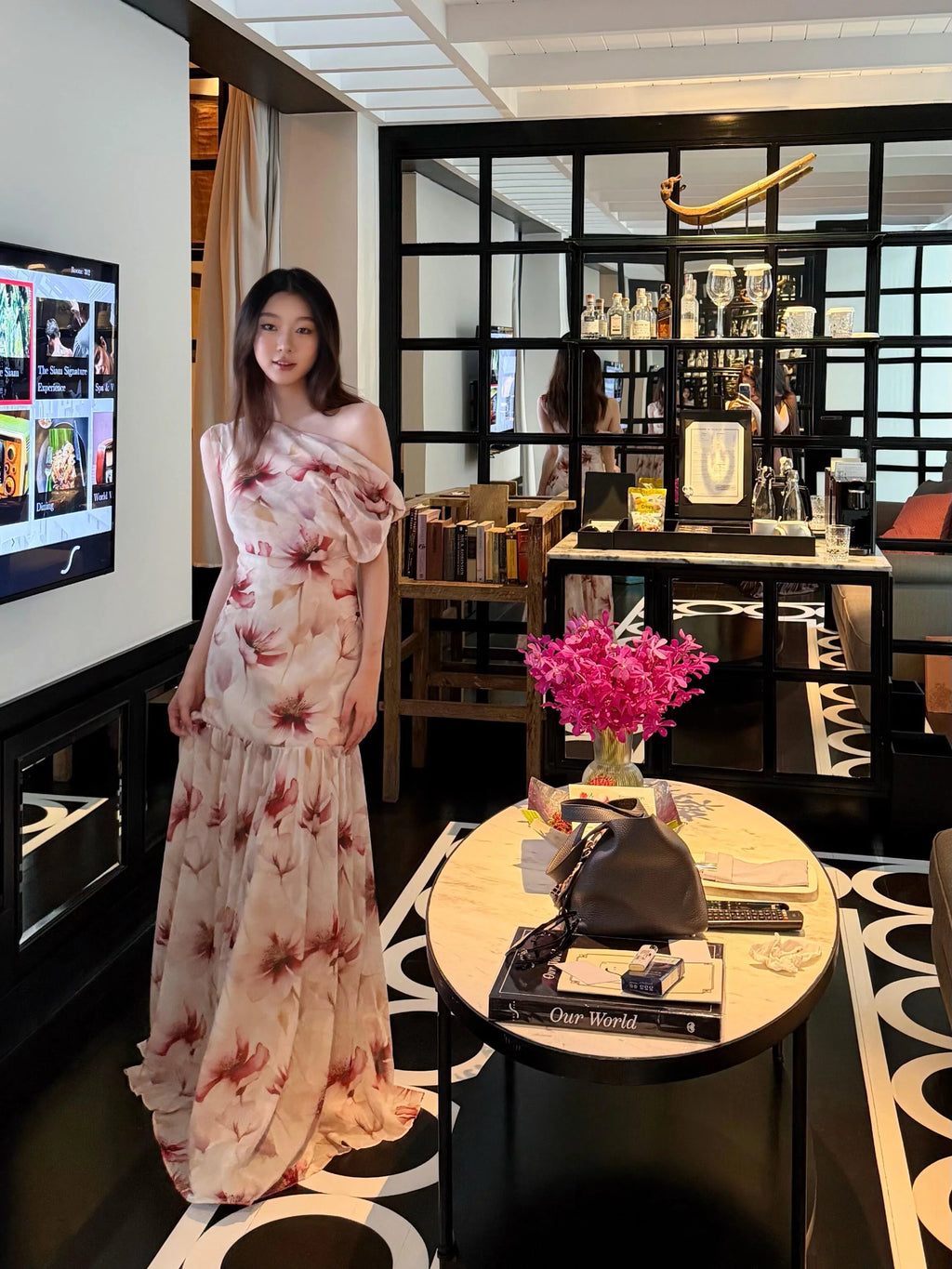 1S Diagonal Neck Off-the-shoulder Floral Dress