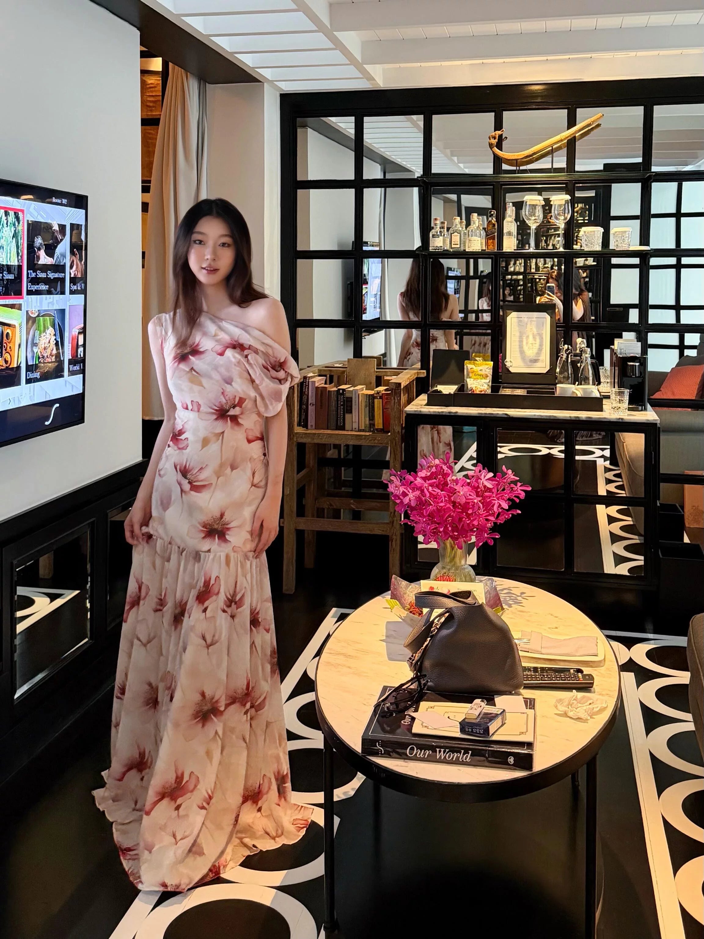 1S Diagonal Neck Off-the-shoulder Floral Dress