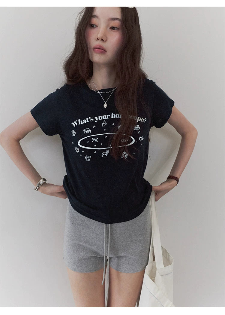 VOOE Crew Neck Letter Print Front Shoulder Versatile Tee