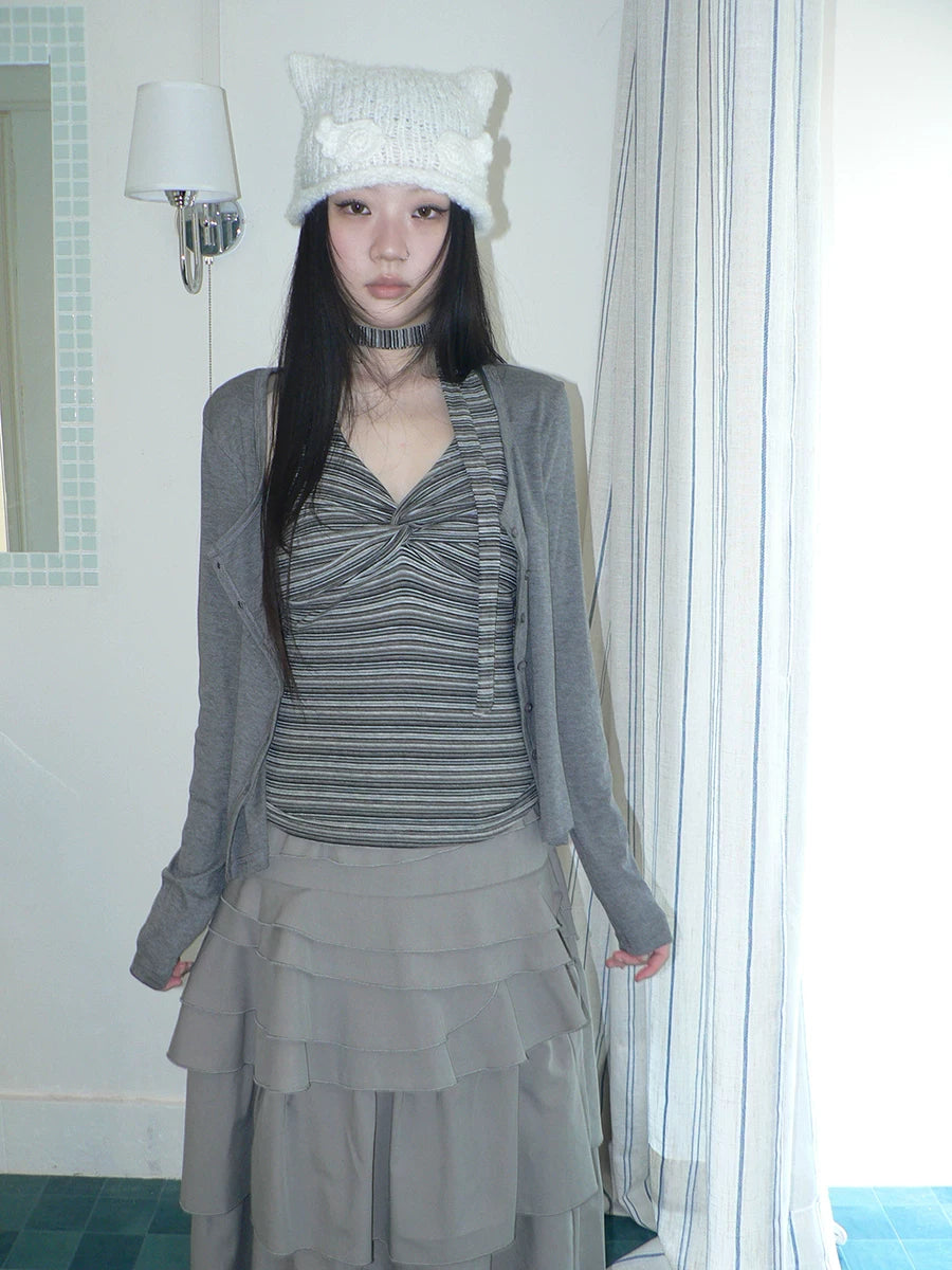 Ang: Project Striped Strap Neck Vest Long Sleeve Two-piece Set