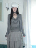 Ang: Project Striped Strap Neck Vest Long Sleeve Two-piece Set