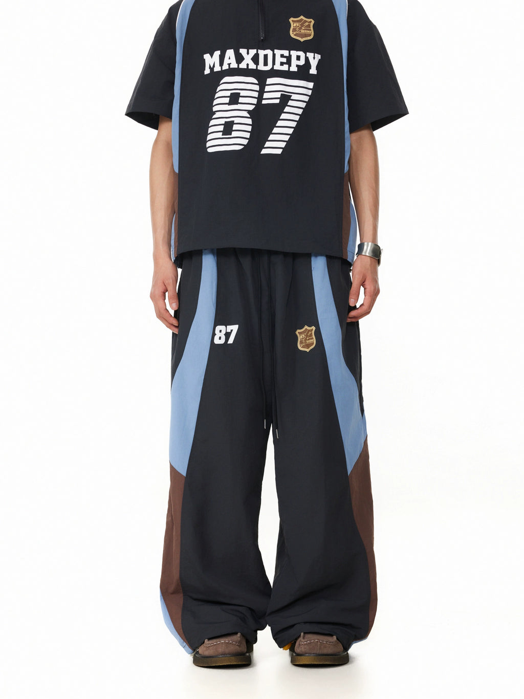 BTSG American retro badge contrasting color splicing elastic waist Pants