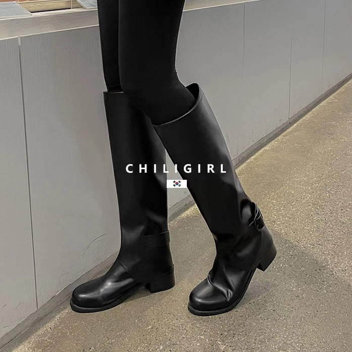 CHILIGIRL High Boots Belt Buckle Straight Boots