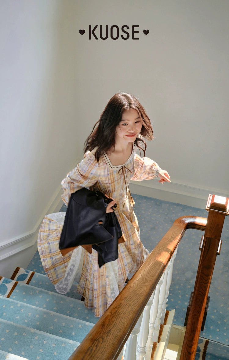 Kuose Temperament Lace Plaid Square Neck Long Sleeve Cinched Waist Dress