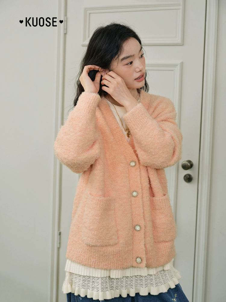 Kuose V-neck Soft Waxy Sweater Jacket