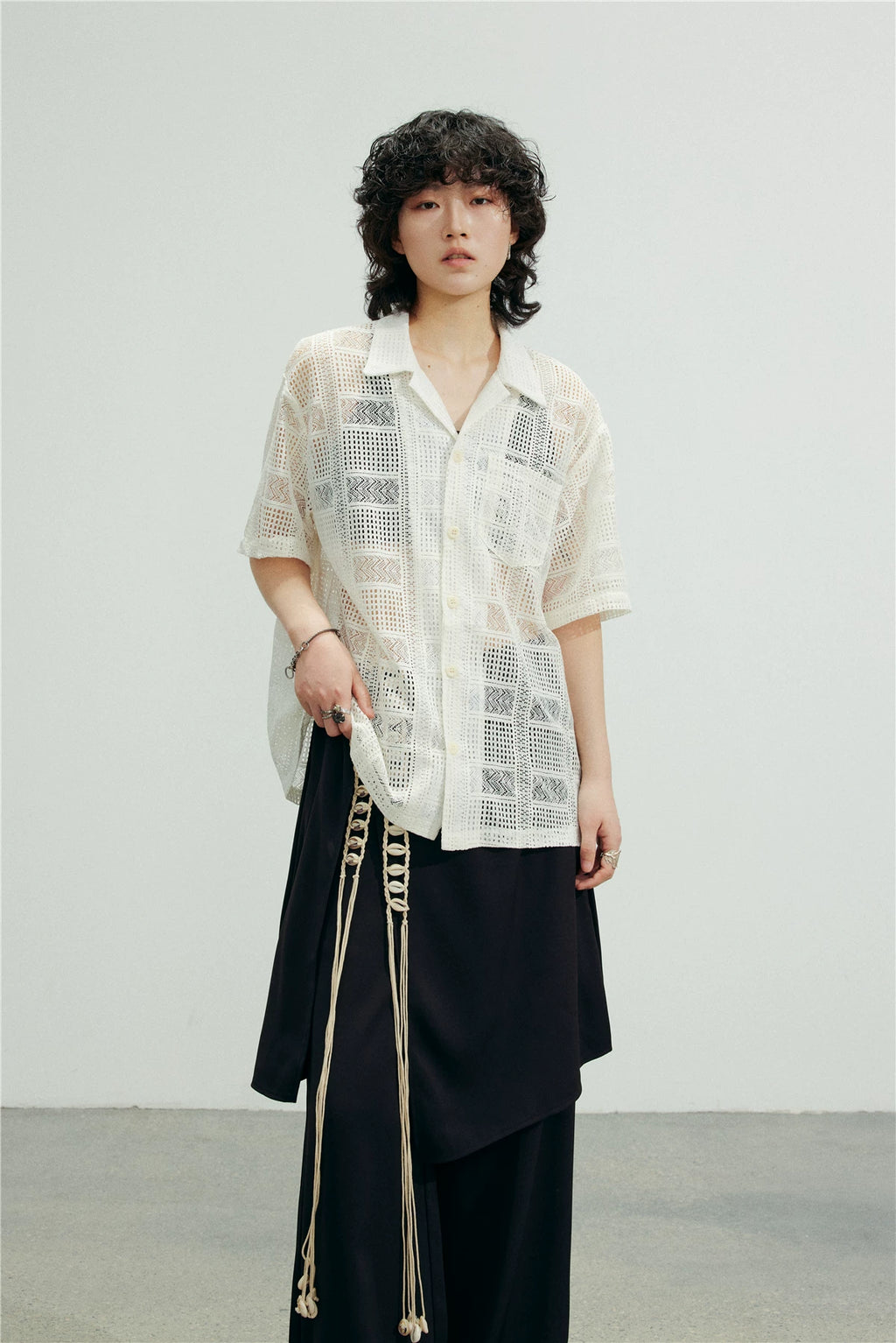 SUNYVONNE Hollow-out Sheer Casual Short-sleeve Shirt