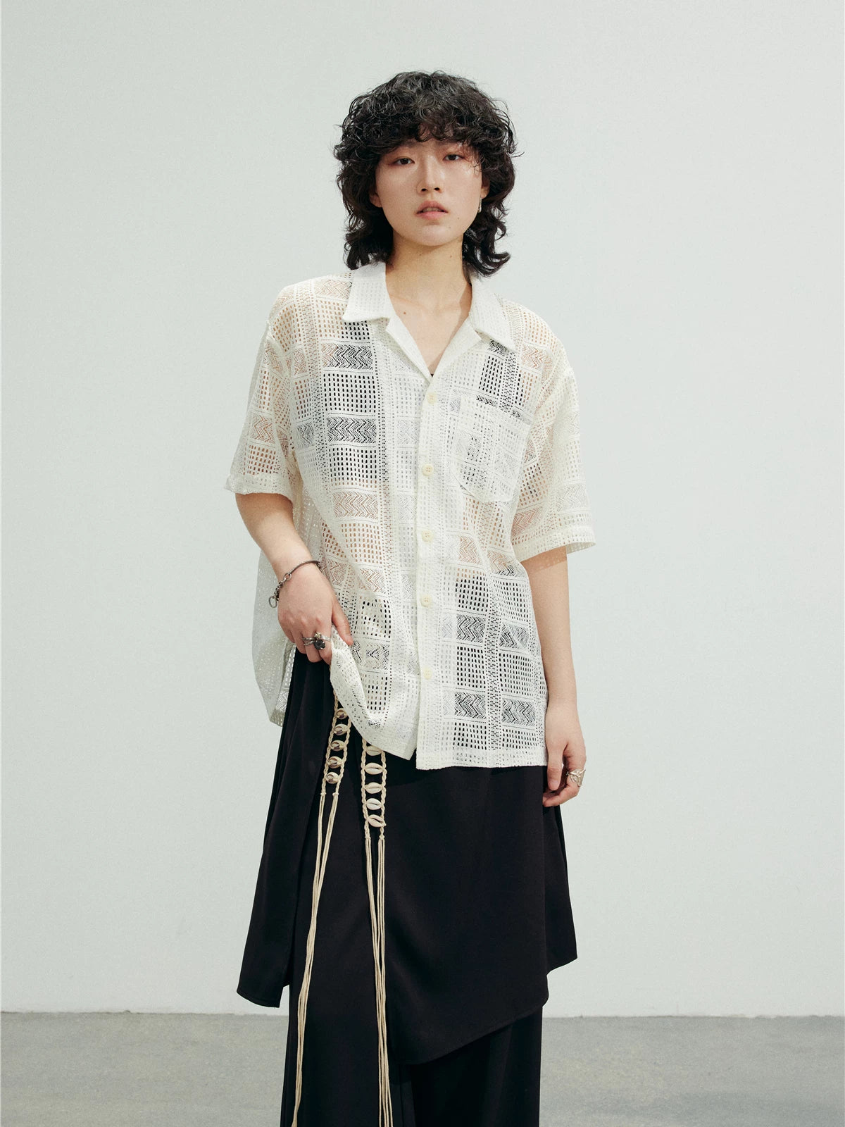 SUNYVONNE Hollow-out Sheer Casual Short-sleeve Shirt