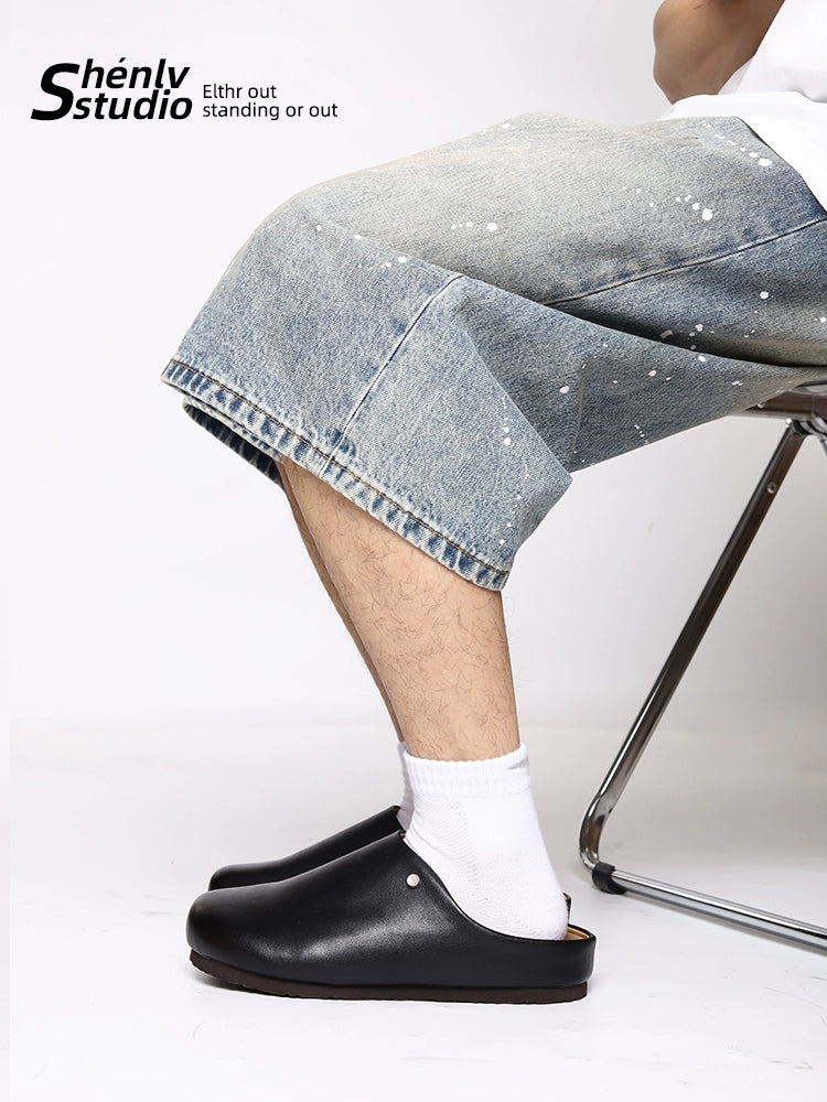 SHENLV STUDIO Black Simple Thick-bottomed Half-mop Outer Leather Slippers