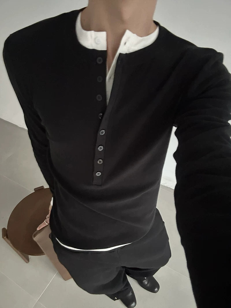 COLN Casual Henry Collar Bottom Long Sleeve