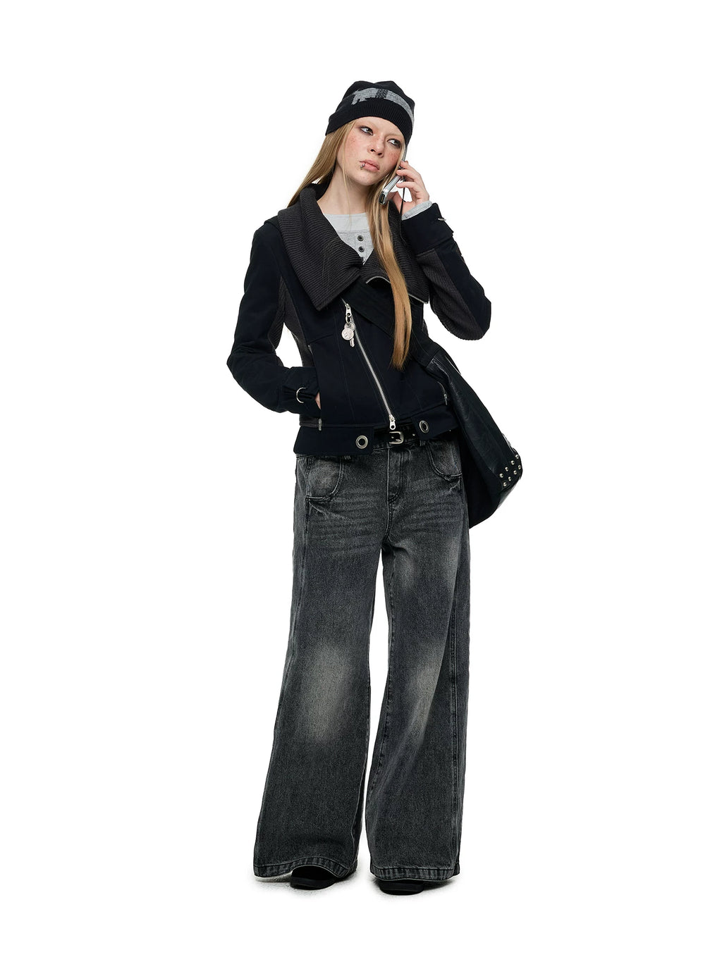 JIKOO Splicing Stack Collar Waist Short Jacket