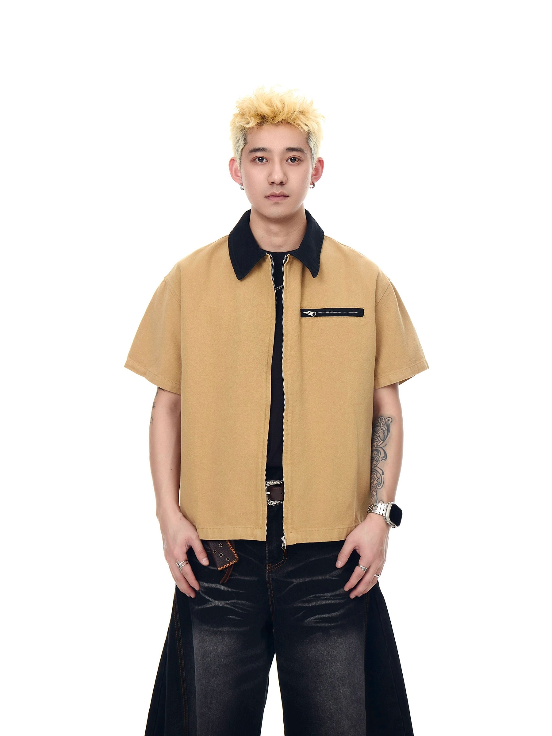 BLACKLISTS Short Wide Lapel Zip Short Sleeve Shirt