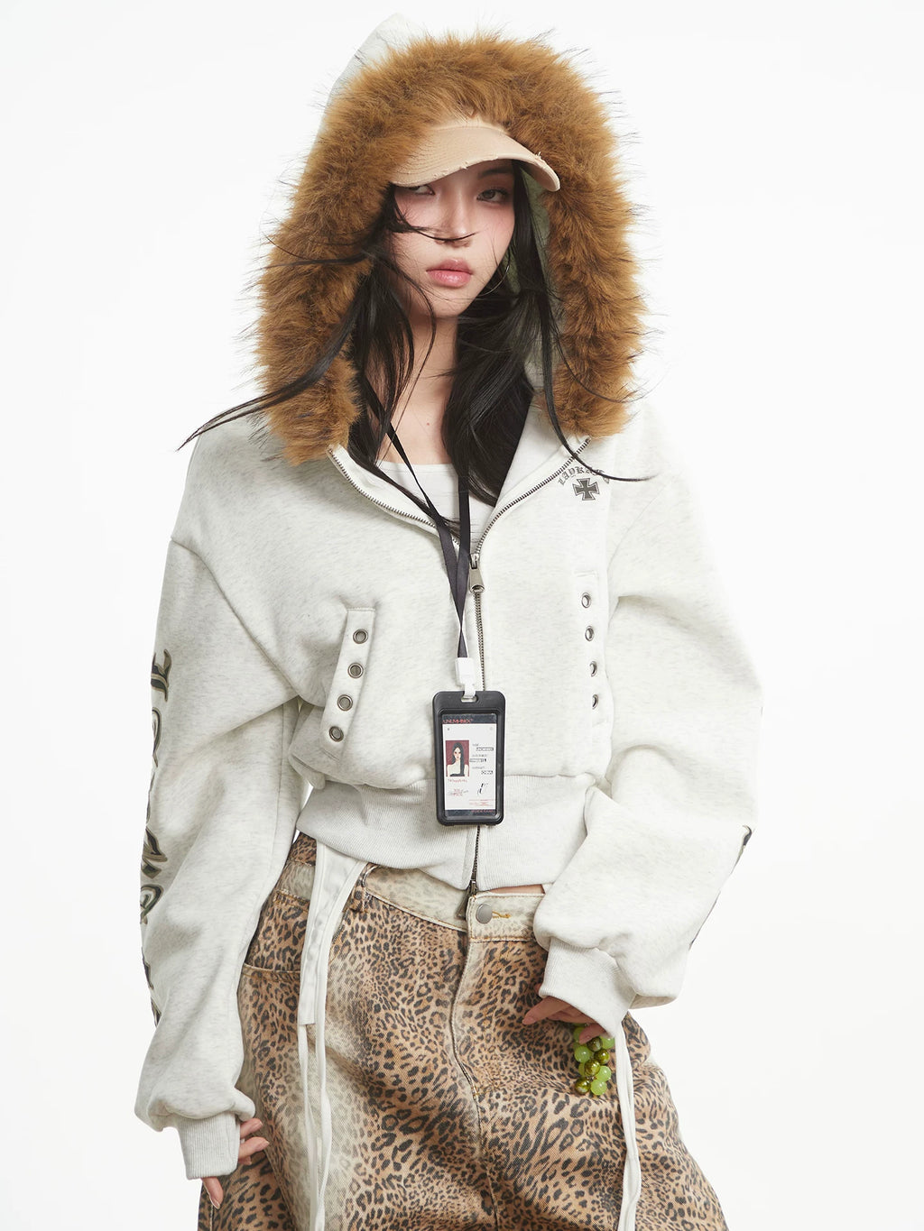 UNCMHISEX Fur-neck Letter-embroidered Short Cardigan Jacket