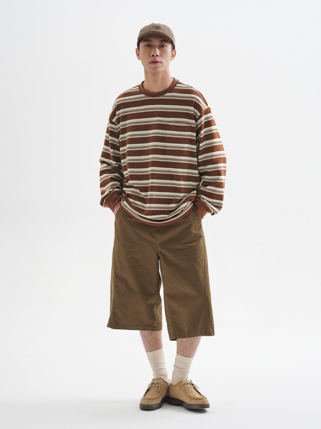 BUTTBILL stripes Japanese crew neck loose silhouette Long Sleeve Tee