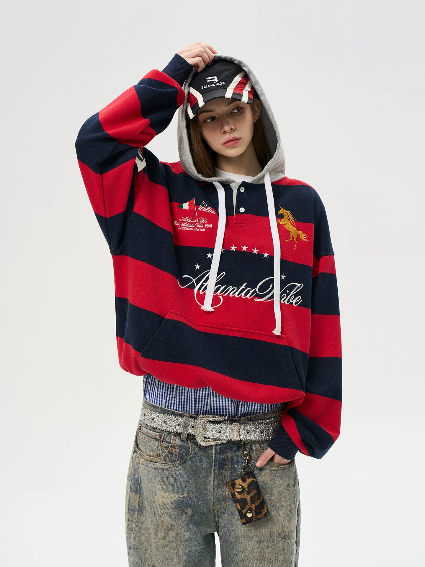 HACR Striped Stitched Embroidered Hooded Sweater