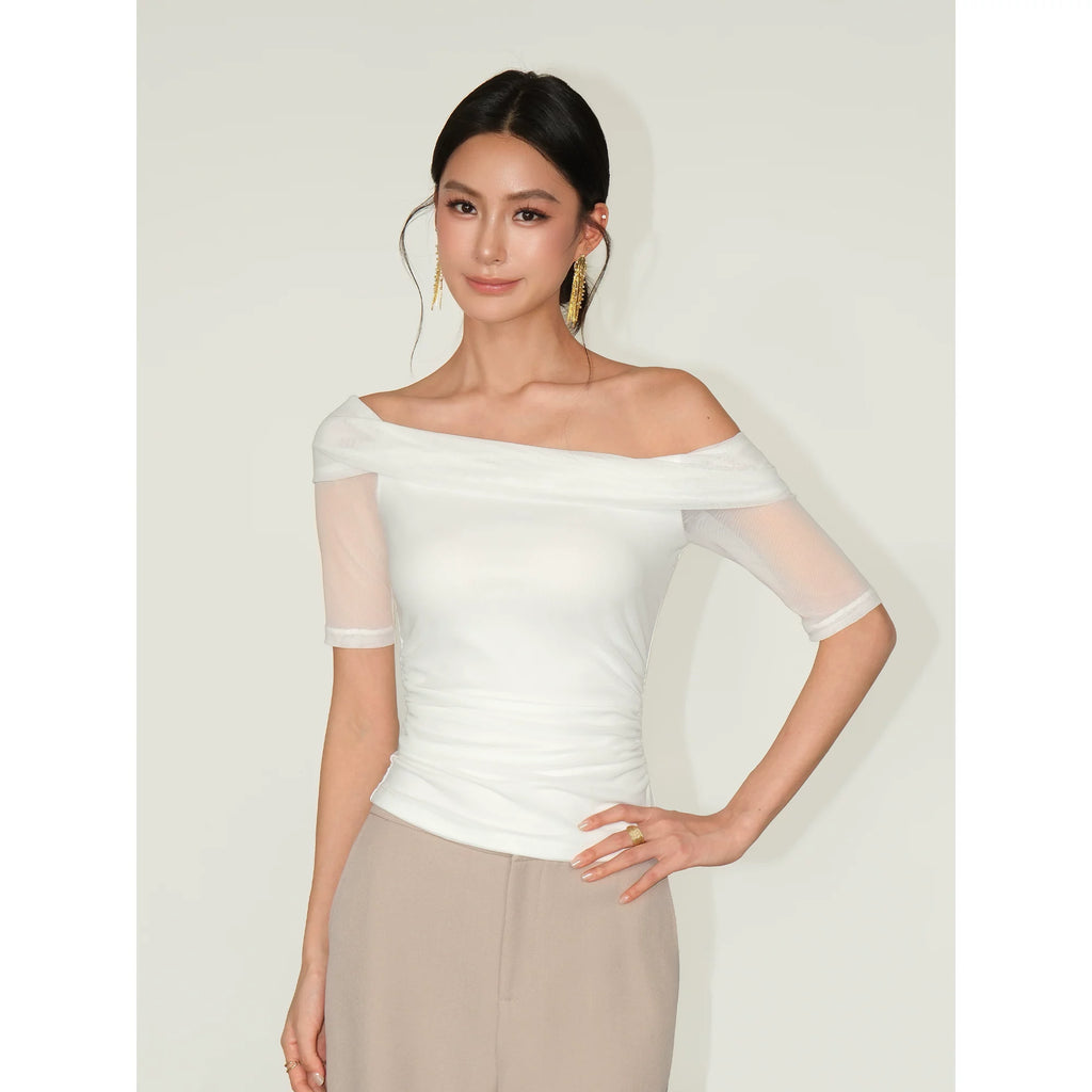NEVA HU One-word Shoulder Mesh Stitching Slim Tee