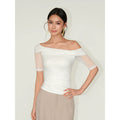 NEVA HU One-word Shoulder Mesh Stitching Slim Tee