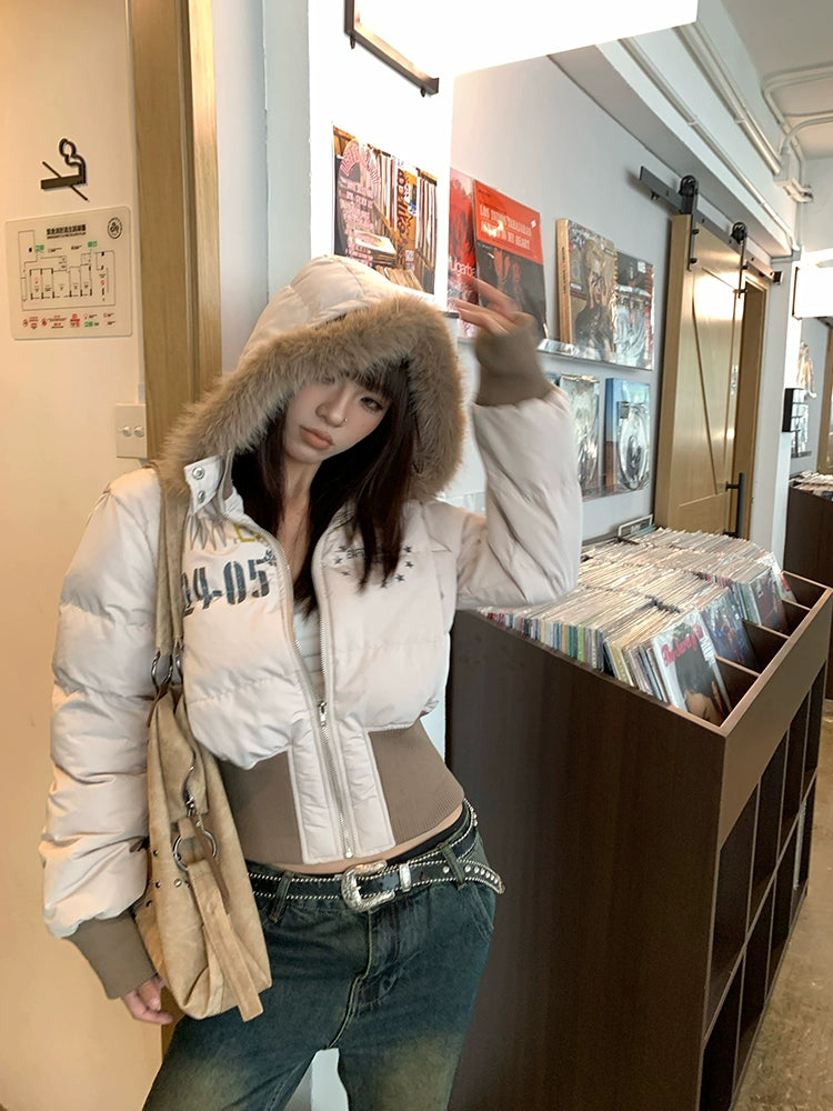 EAHO Fur Collar Hooded Babes Short Cotton Dress