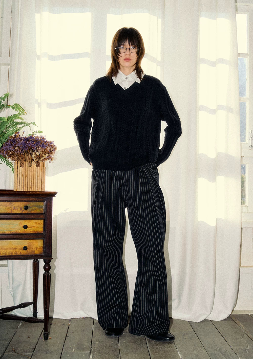 KREATE Striped Linen Pleated Texture Drape A Word Casual Trousers