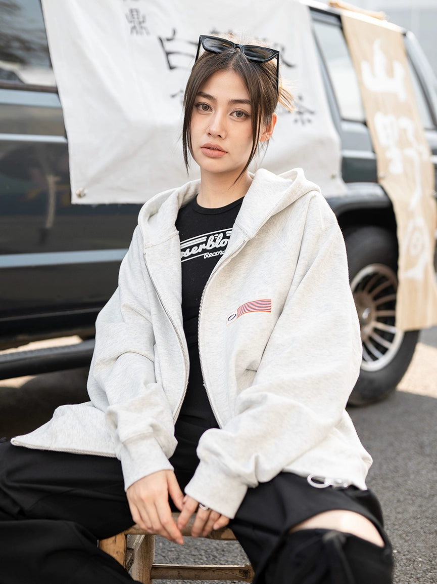 SOSER Vintage Back Suede Print Hooded Zipper Shirt