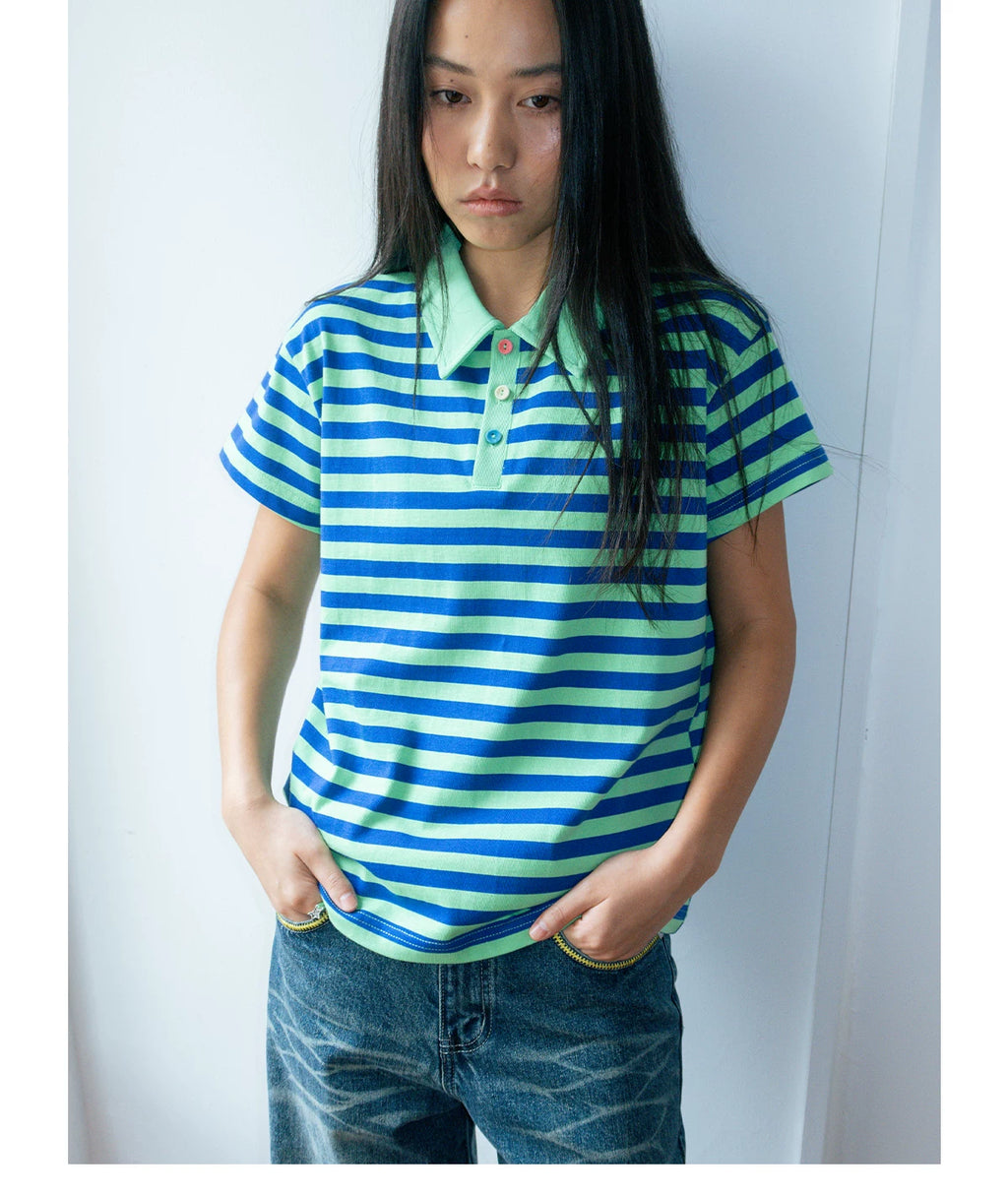 FUNKYFUN Fleece Contrasting Buckle Striped Lapel Polo Shirt