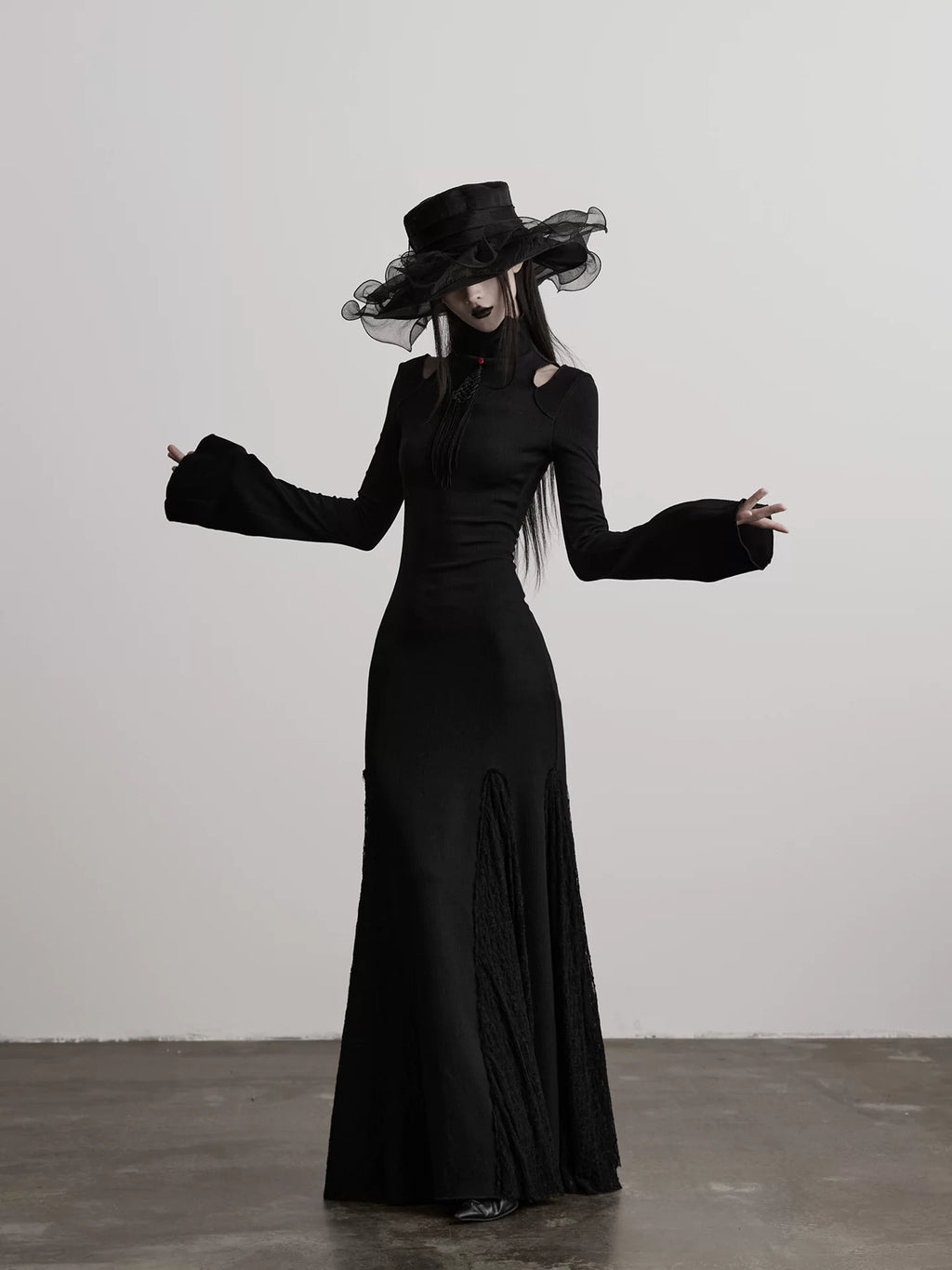 INDULGE Stand-up Collar Hollow Elastic Knitted Splicing Fishtail Slim-fit Dress