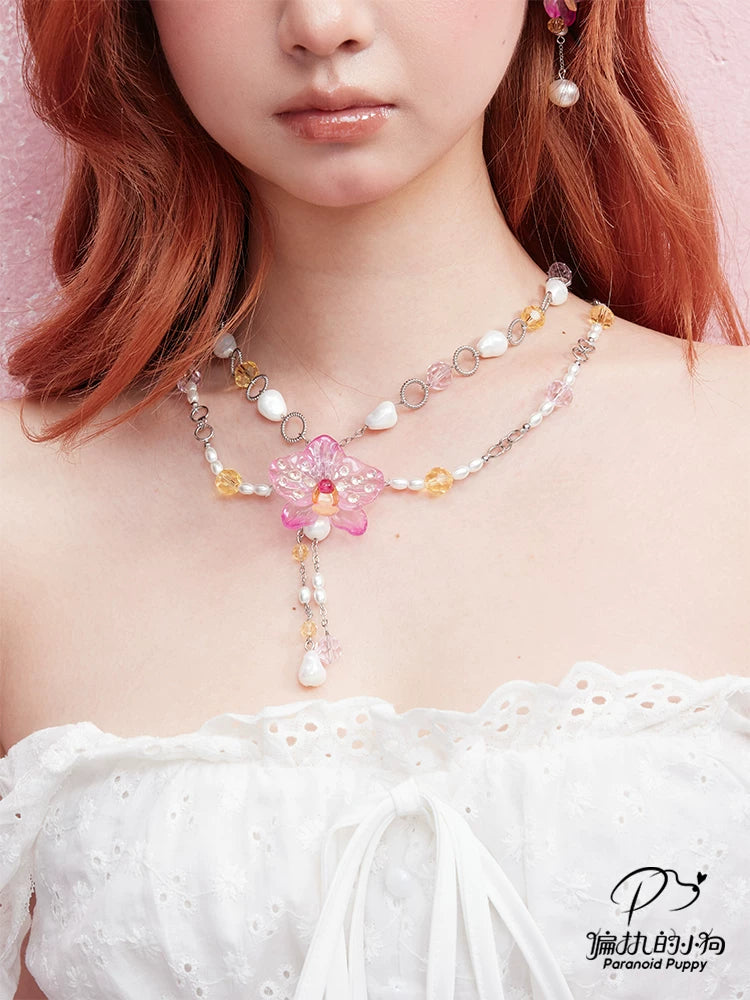 PP Phalaenopsis Flower Pearl Fringed Double Necklace