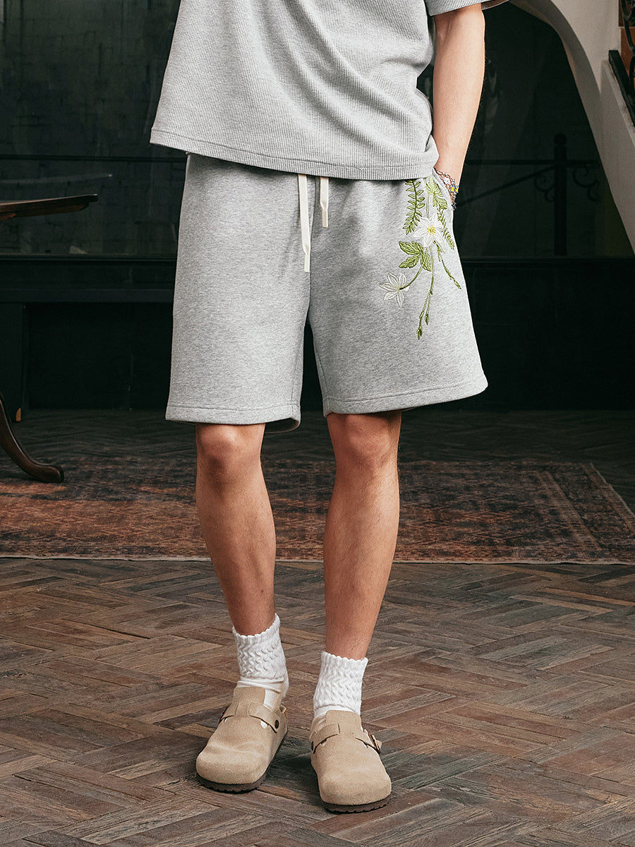 Harshandcruel 2025 flowing philosophy plant embroidered sweatpant shorts